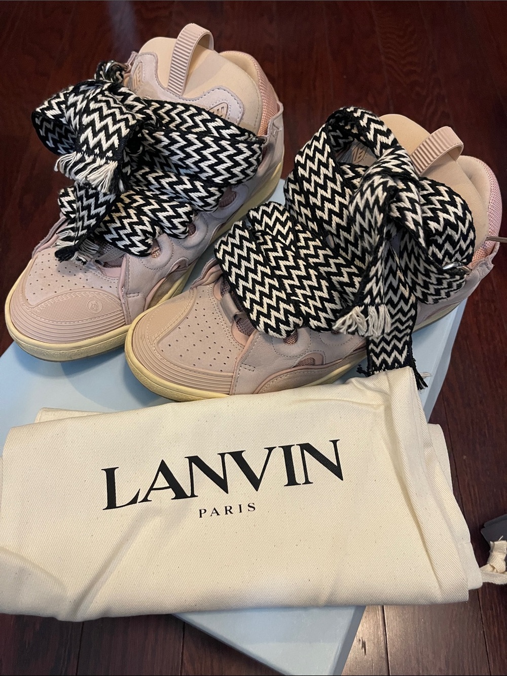 Lanvin Pale Pink High-Top Sneakers with Black & White Zigzag Laces